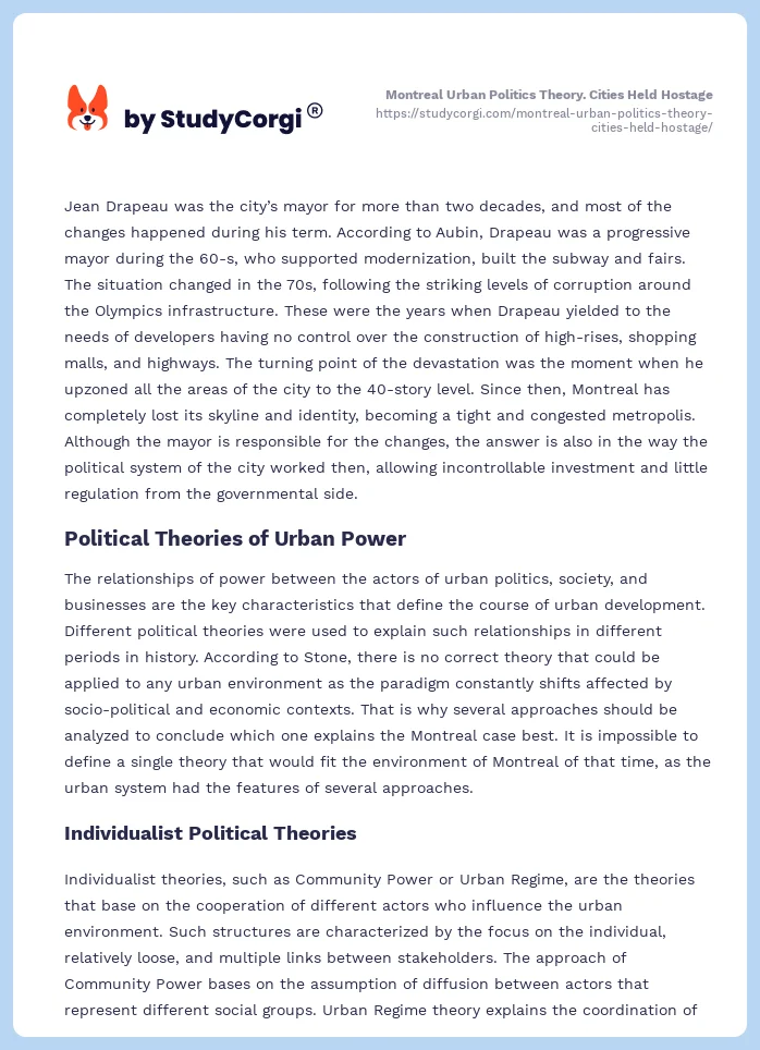Montreal Urban Politics Theory. Cities Held Hostage. Page 2