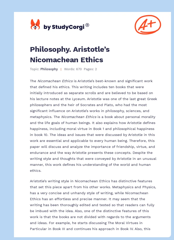 Philosophy. Aristotle’s Nicomachean Ethics. Page 1