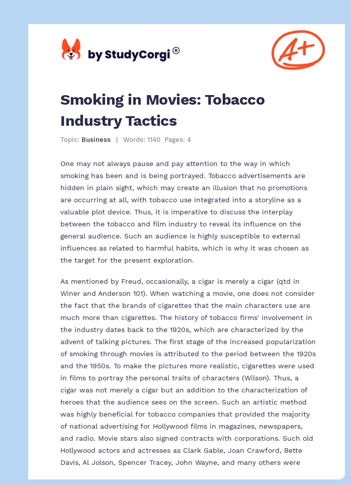Smoking in Movies: Tobacco Industry Tactics. Page 1