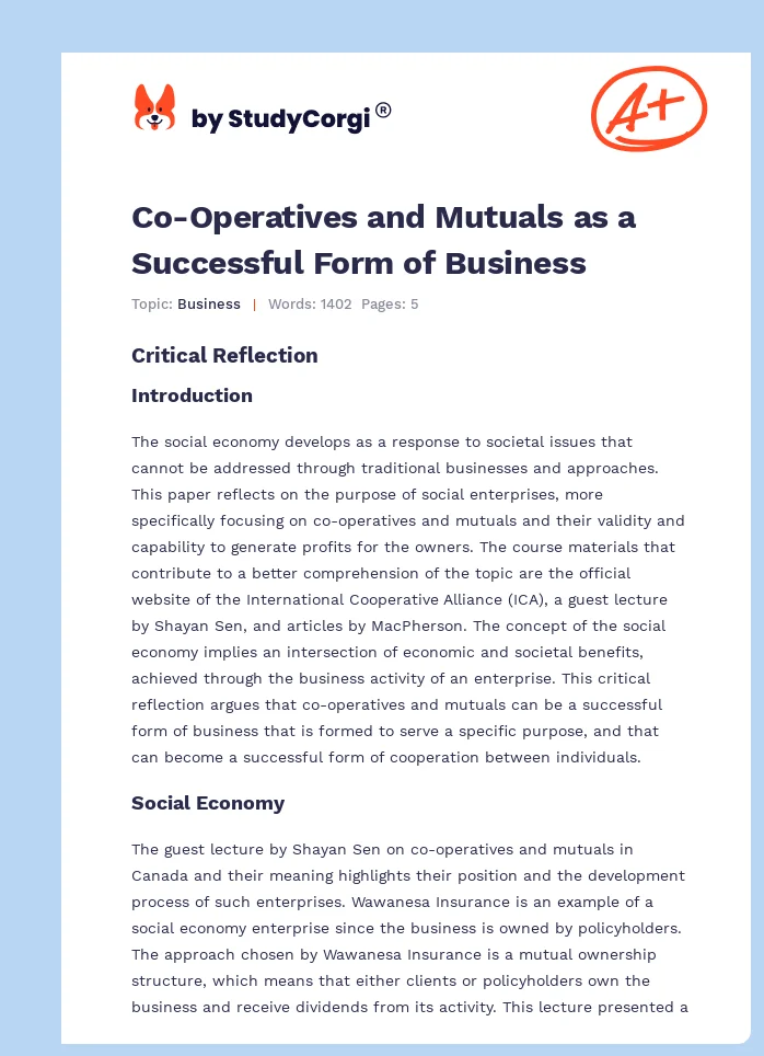 Co-Operatives and Mutuals as a Successful Form of Business. Page 1
