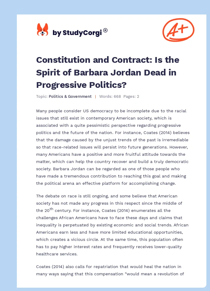 Constitution and Contract: Is the Spirit of Barbara Jordan Dead in Progressive Politics?. Page 1