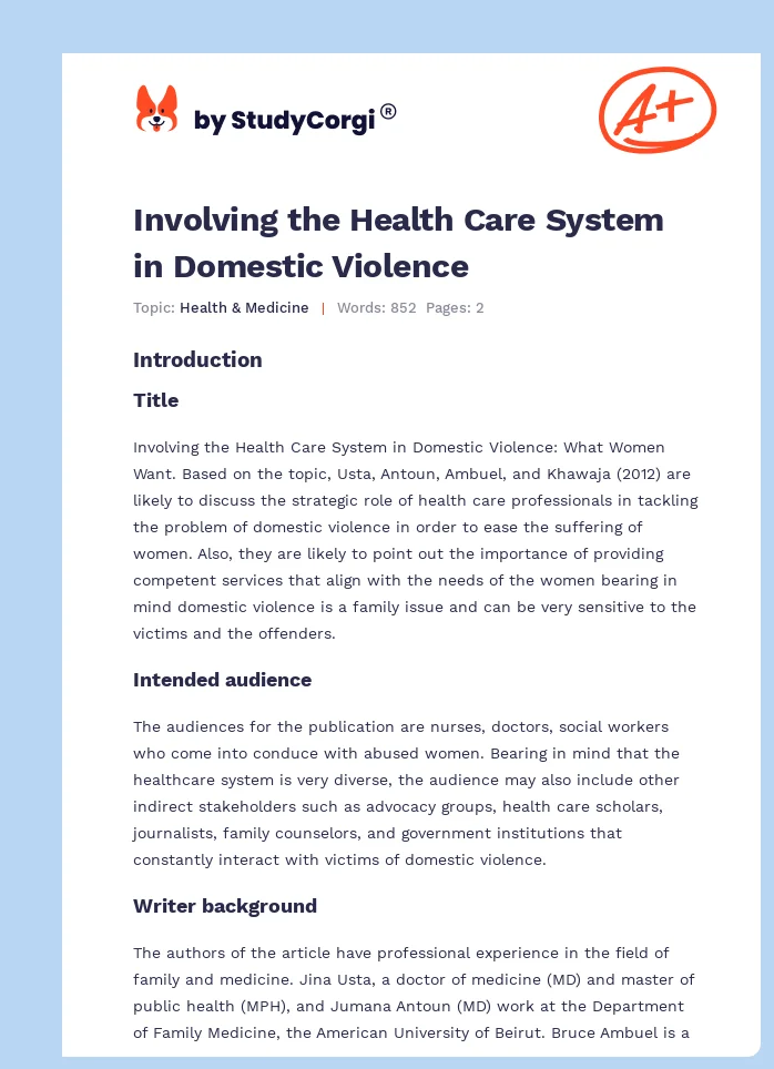 Involving the Health Care System in Domestic Violence. Page 1
