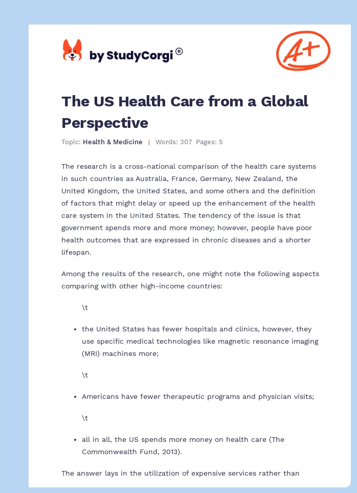 The US Health Care from a Global Perspective. Page 1
