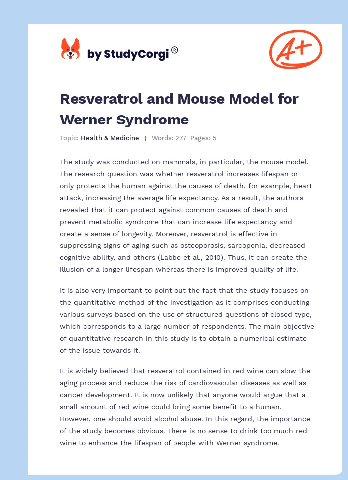 Resveratrol and Mouse Model for Werner Syndrome. Page 1