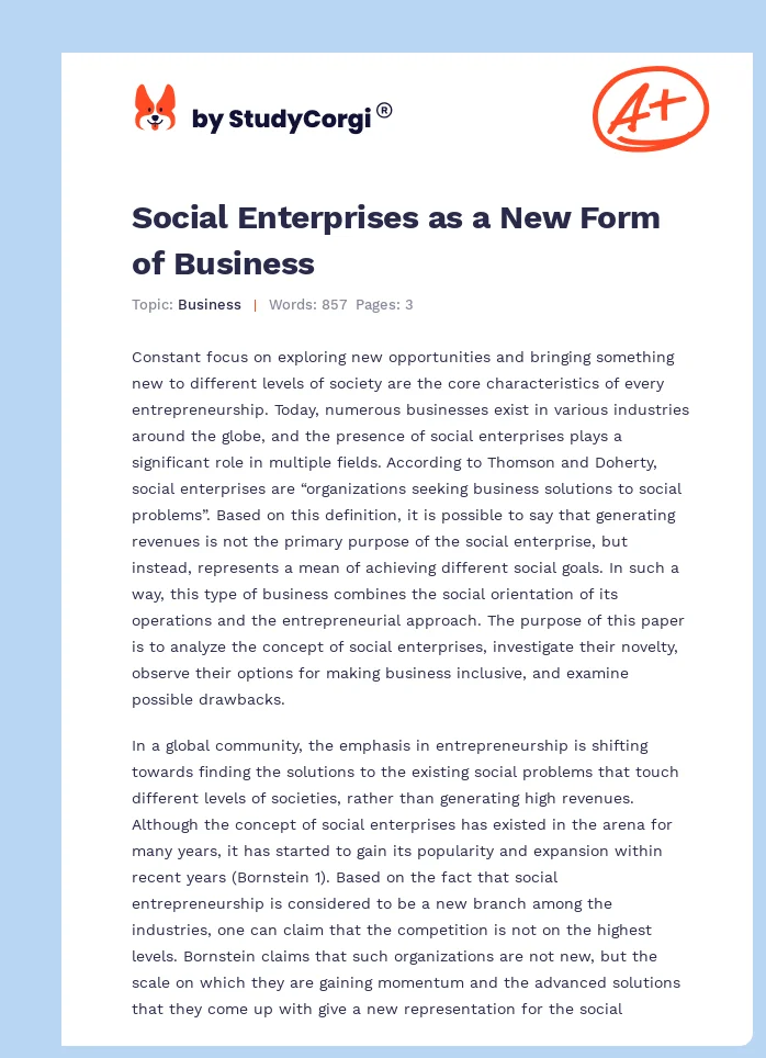 Social Enterprises as a New Form of Business. Page 1
