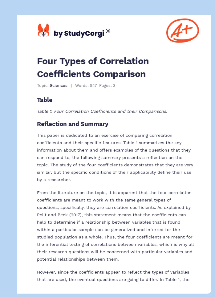 Four Types of Correlation Coefficients Comparison. Page 1