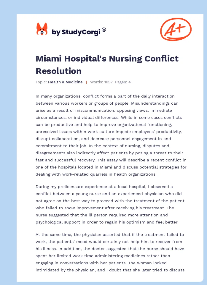 Miami Hospital's Nursing Conflict Resolution. Page 1