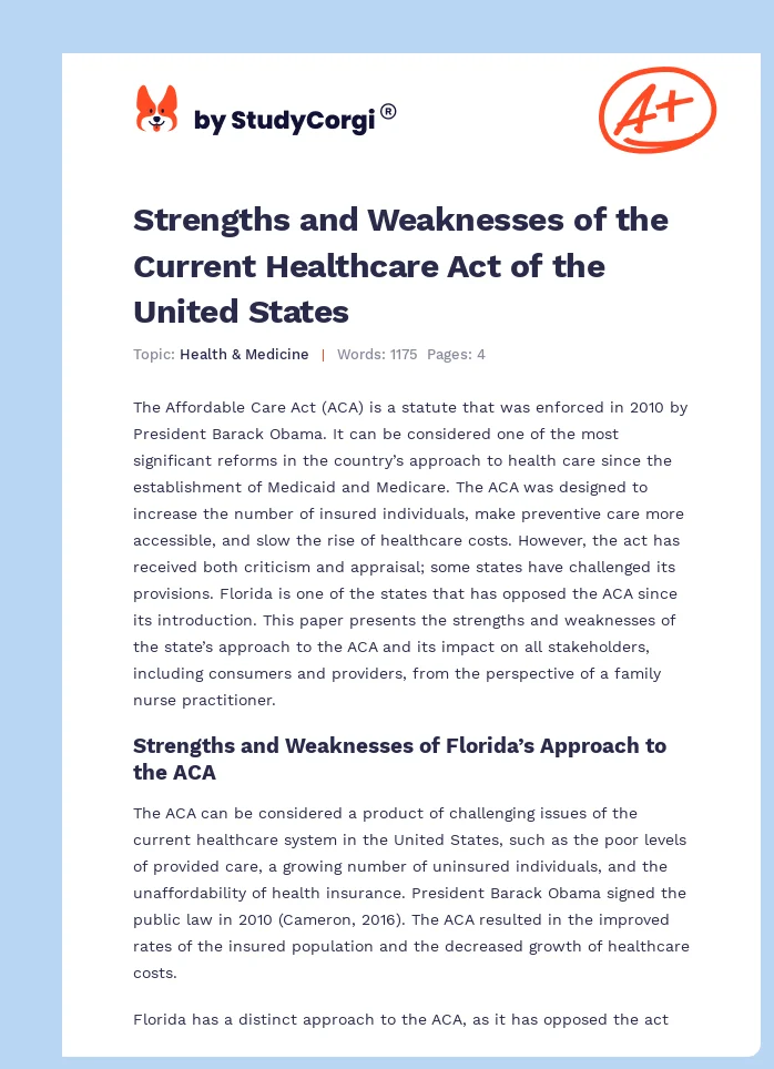 Strengths and Weaknesses of the Current Healthcare Act of the United States. Page 1