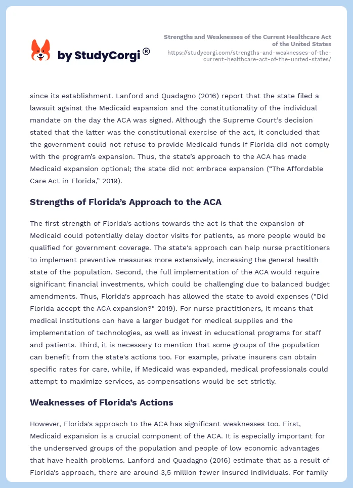 Strengths and Weaknesses of the Current Healthcare Act of the United States. Page 2