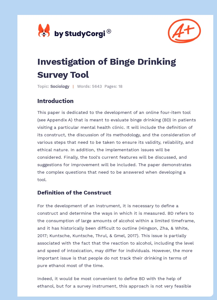 Investigation of Binge Drinking Survey Tool. Page 1