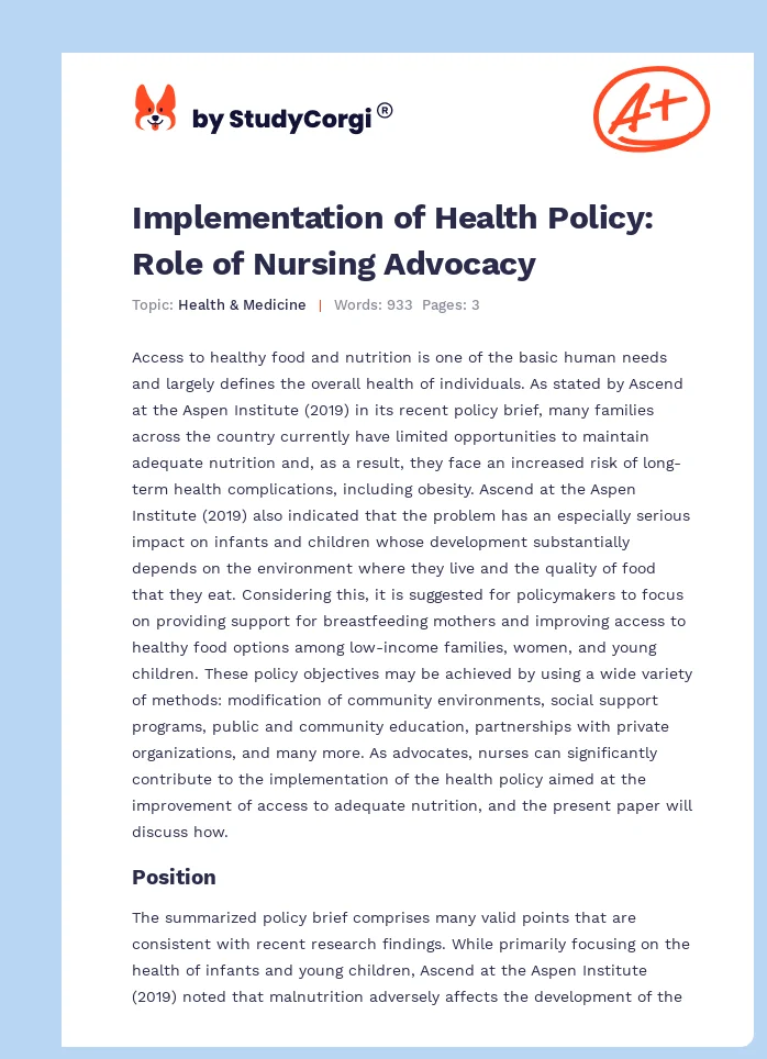 Implementation of Health Policy: Role of Nursing Advocacy. Page 1