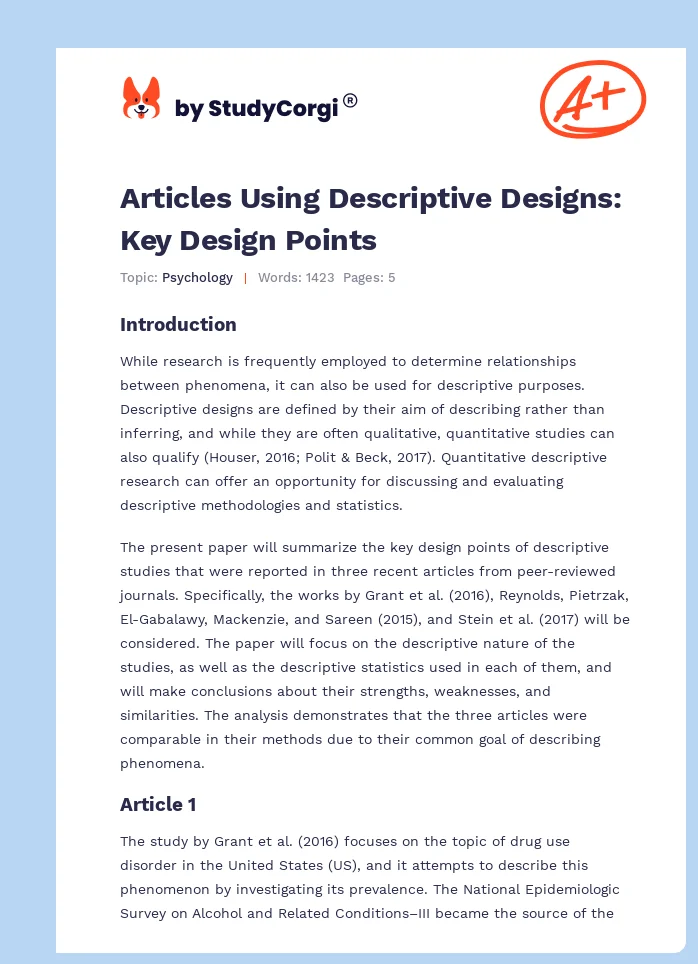 Articles Using Descriptive Designs: Key Design Points. Page 1