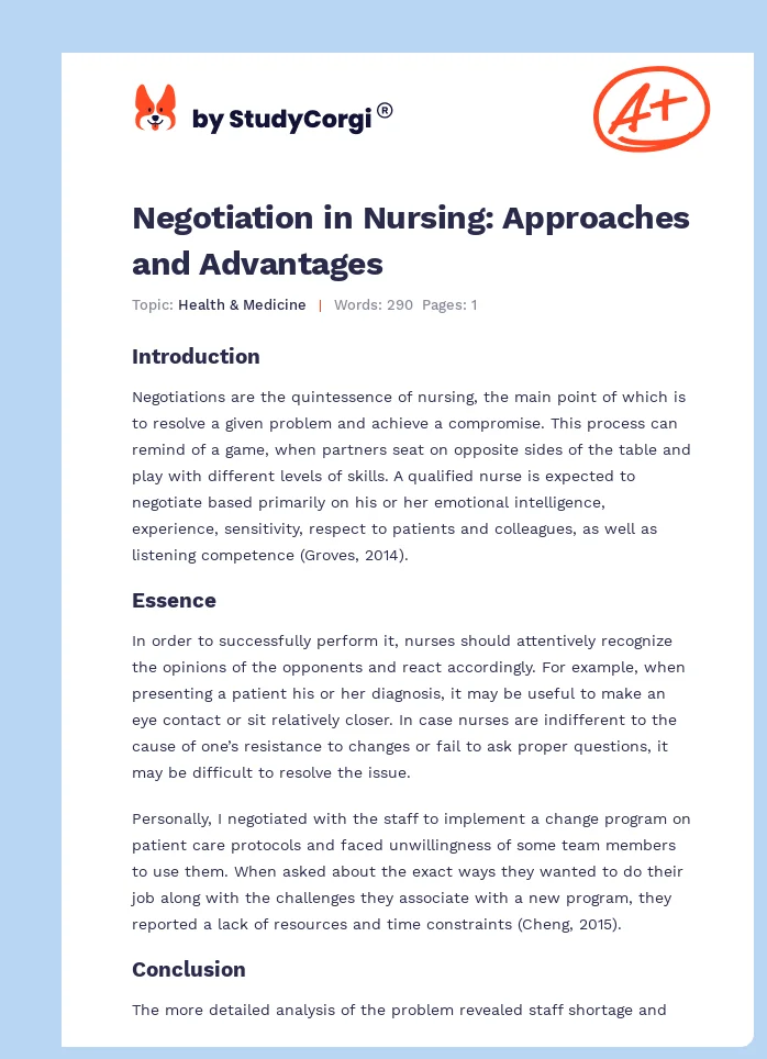 Negotiation in Nursing: Approaches and Advantages. Page 1