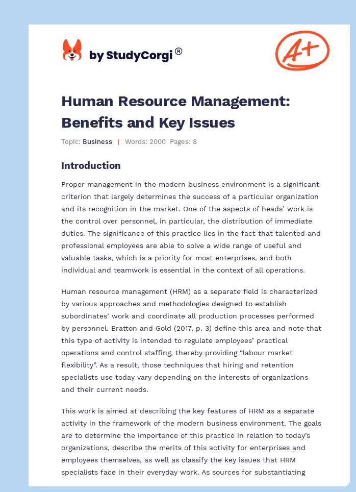 Human Resource Management: Benefits and Key Issues. Page 1