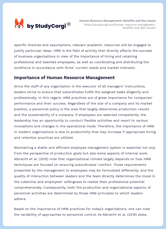 Human Resource Management: Benefits and Key Issues. Page 2