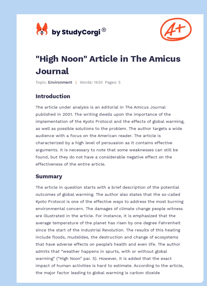 "High Noon" Article in The Amicus Journal. Page 1