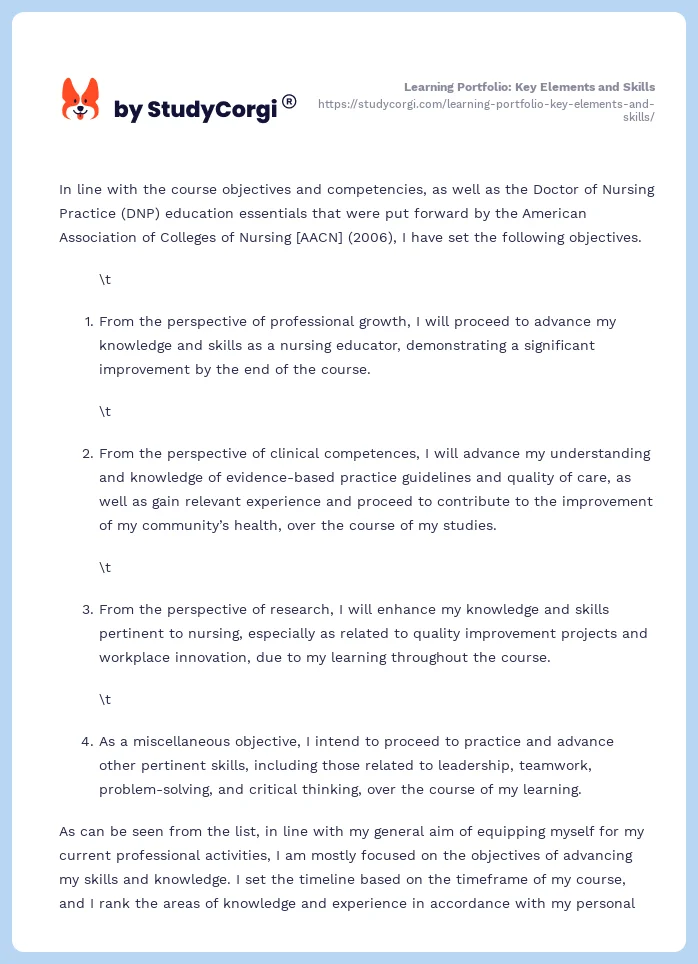 Learning Portfolio: Key Elements and Skills. Page 2