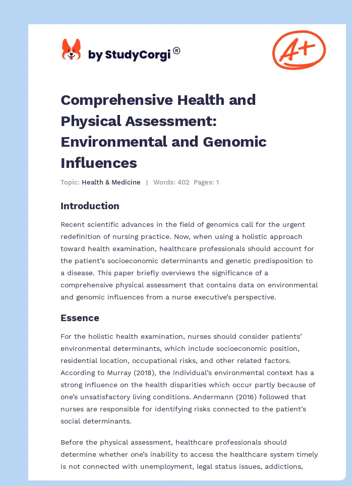 Comprehensive Health and Physical Assessment: Environmental and Genomic Influences. Page 1