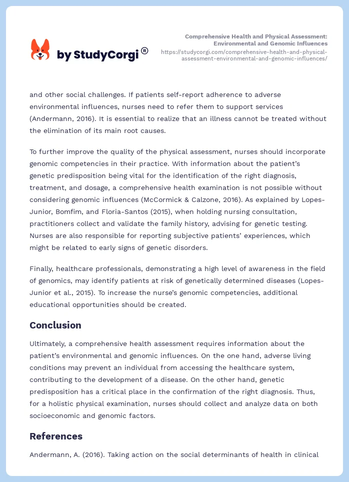 Comprehensive Health and Physical Assessment: Environmental and Genomic Influences. Page 2