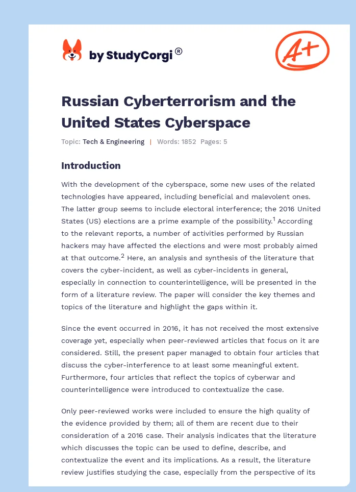 Russian Cyberterrorism and the United States Cyberspace. Page 1