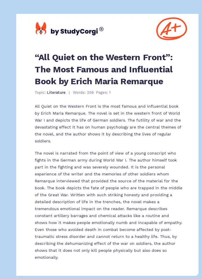 “All Quiet on the Western Front”: The Most Famous and Influential Book by Erich Maria Remarque. Page 1
