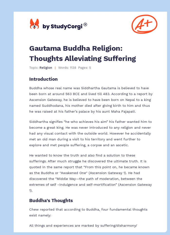 Gautama Buddha Religion: Thoughts Alleviating Suffering. Page 1