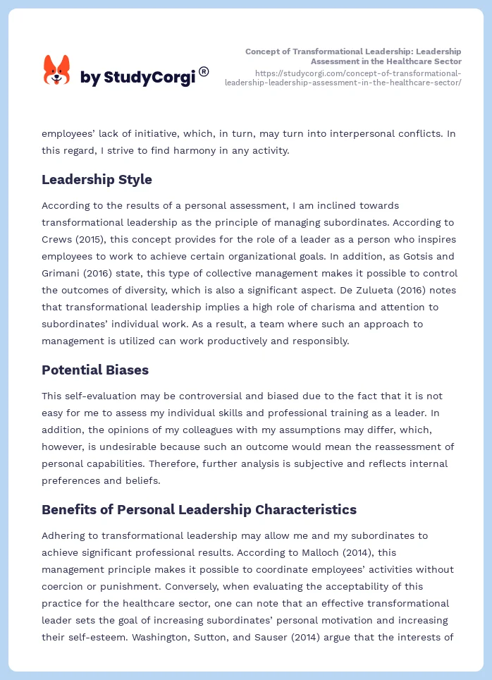 Concept of Transformational Leadership: Leadership Assessment in the Healthcare Sector. Page 2