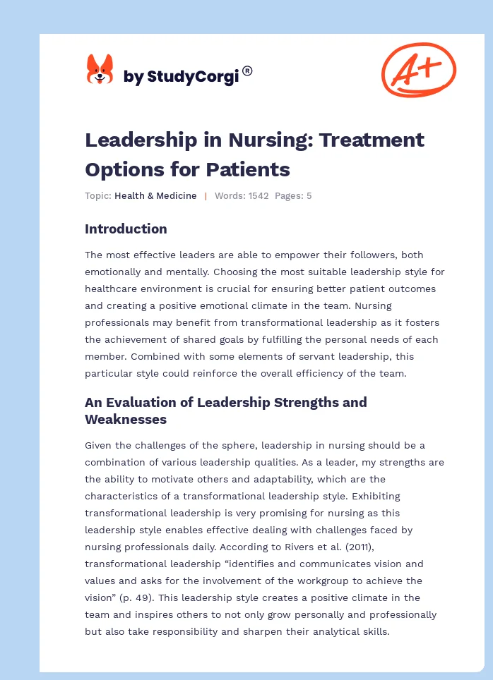 Leadership in Nursing: Treatment Options for Patients. Page 1