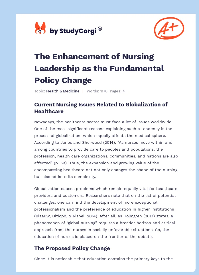 The Enhancement of Nursing Leadership as the Fundamental Policy Change. Page 1