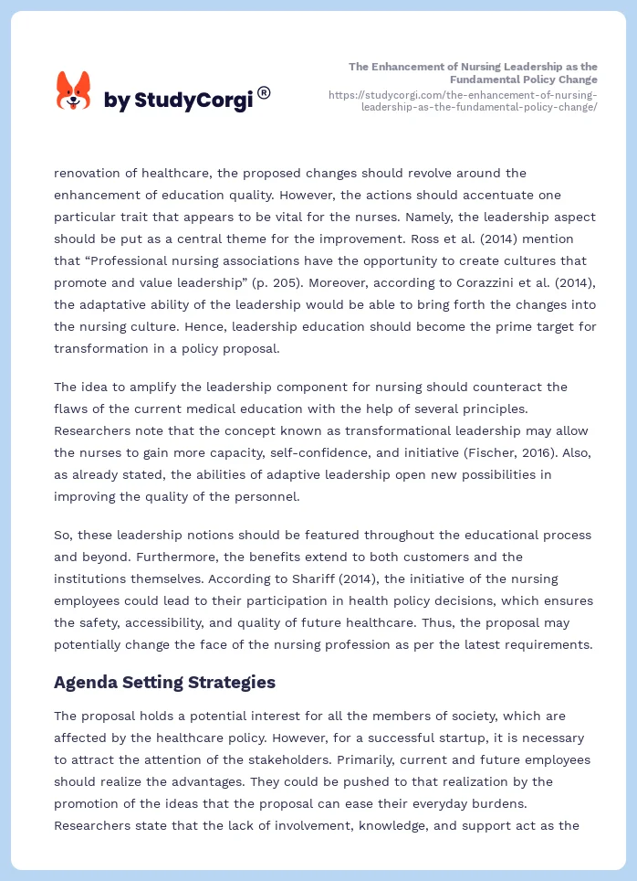 The Enhancement of Nursing Leadership as the Fundamental Policy Change. Page 2