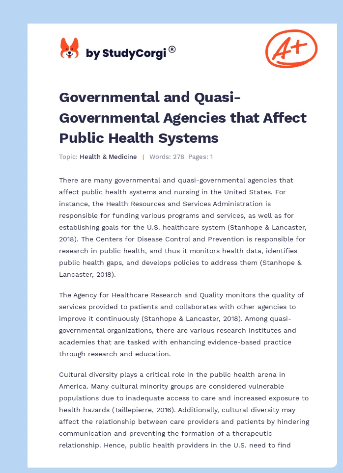 Governmental and Quasi-Governmental Agencies that Affect Public Health Systems. Page 1