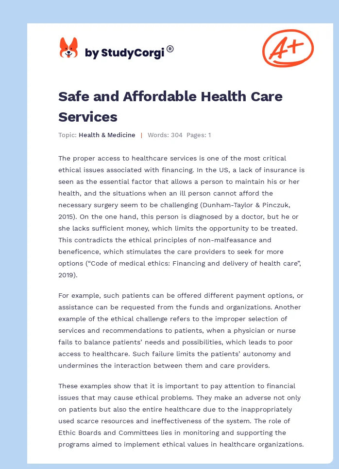 Safe and Affordable Health Care Services. Page 1