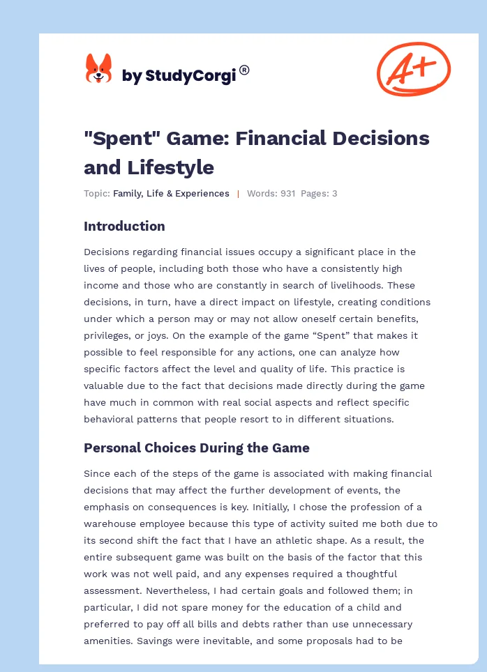 "Spent" Game: Financial Decisions and Lifestyle. Page 1