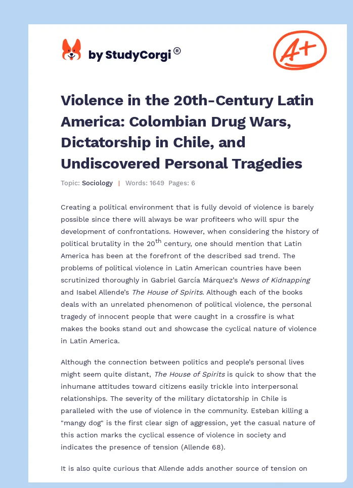 Violence in the 20th-Century Latin America: Colombian Drug Wars, Dictatorship in Chile, and Undiscovered Personal Tragedies. Page 1