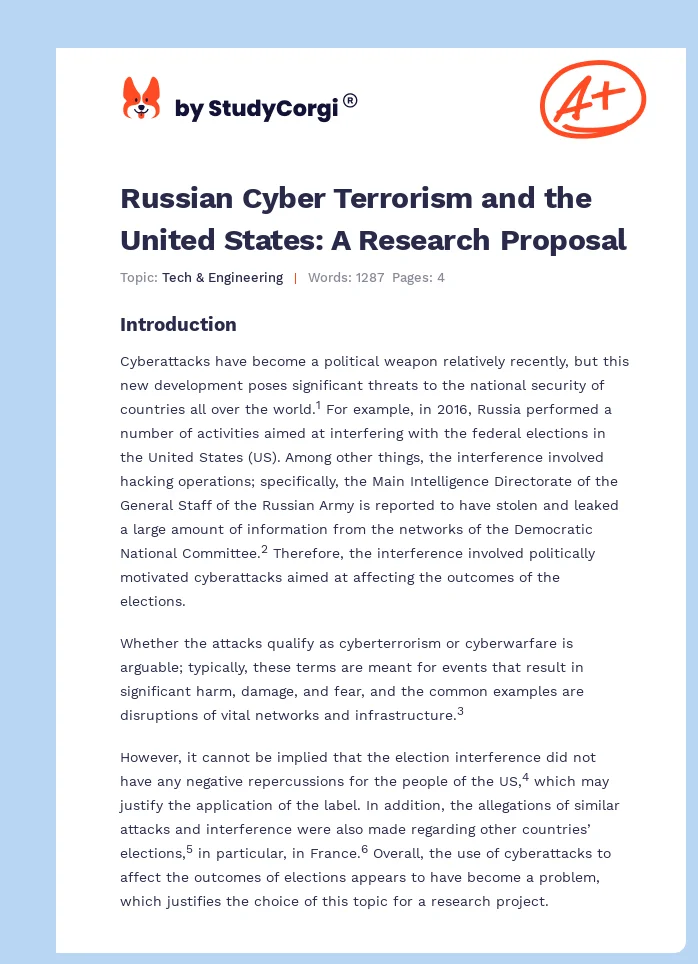 Russian Cyber Terrorism and the United States: A Research Proposal. Page 1
