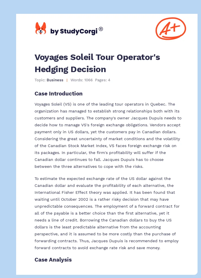 Voyages Soleil Tour Operator's Hedging Decision. Page 1