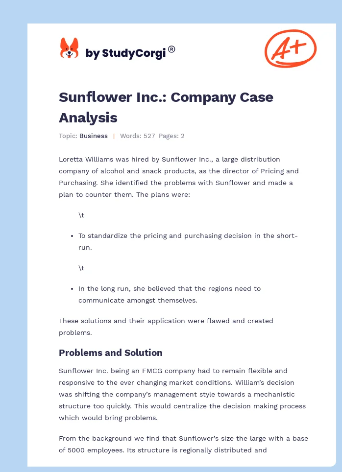 Sunflower Inc.: Company Case Analysis. Page 1