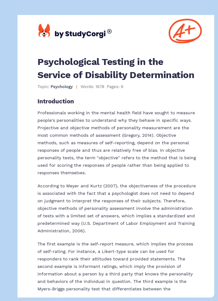 Psychological Testing in the Service of Disability Determination. Page 1