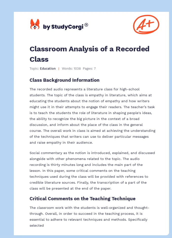 Classroom Analysis of a Recorded Class. Page 1