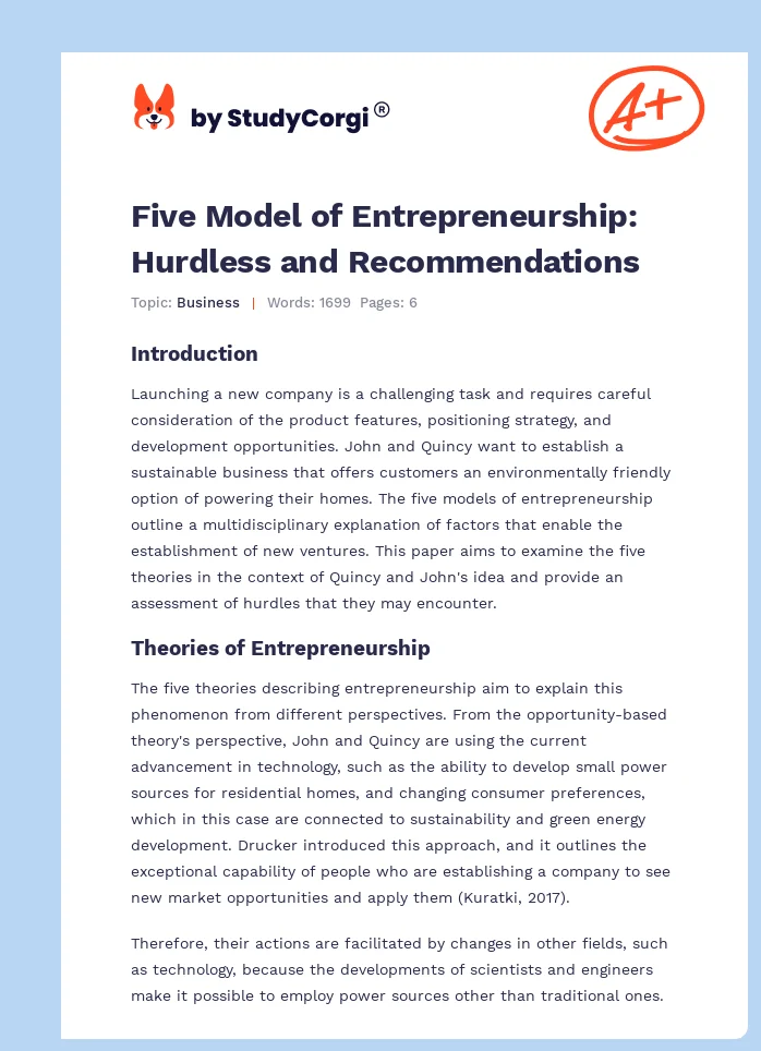 Five Model of Entrepreneurship: Hurdless and Recommendations. Page 1