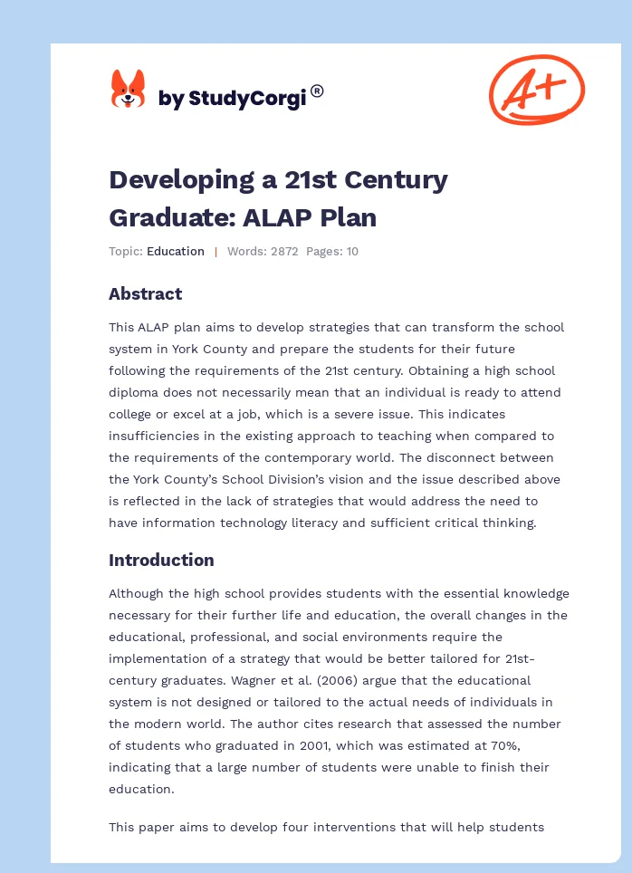 Developing a 21st Century Graduate: ALAP Plan. Page 1