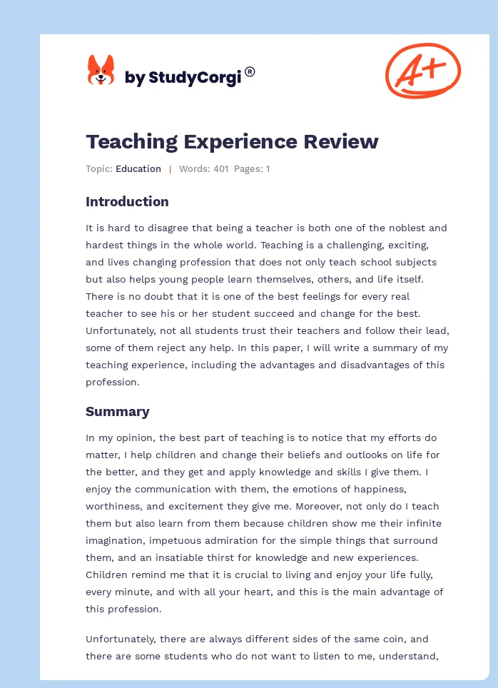 Teaching Experience Review. Page 1