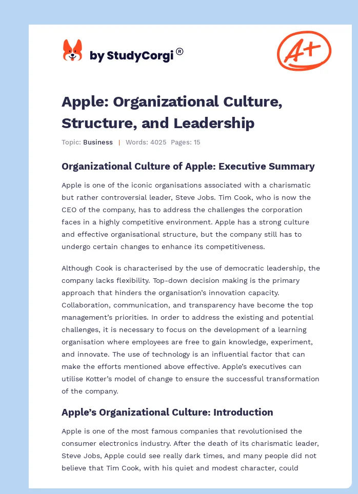 Apple: Organizational Culture, Structure, and Leadership. Page 1