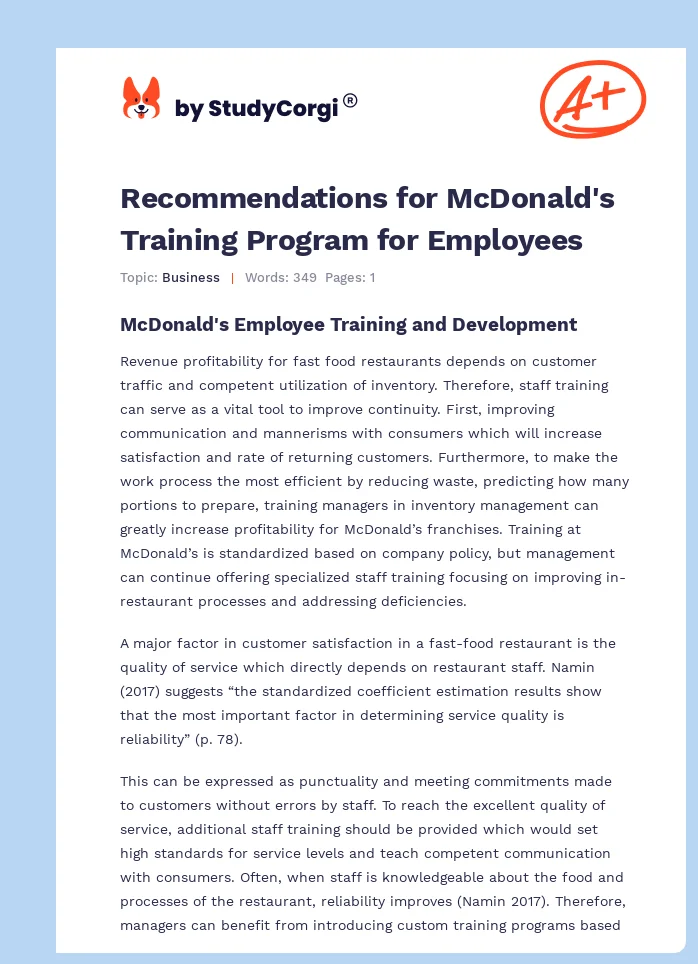 Recommendations for McDonald's Training Program for Employees. Page 1