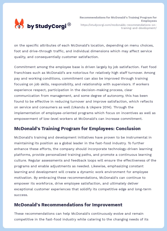Recommendations for McDonald's Training Program for Employees. Page 2