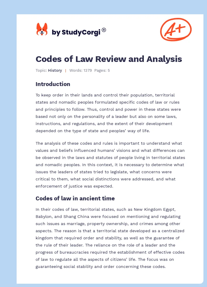 Codes of Law Review and Analysis. Page 1