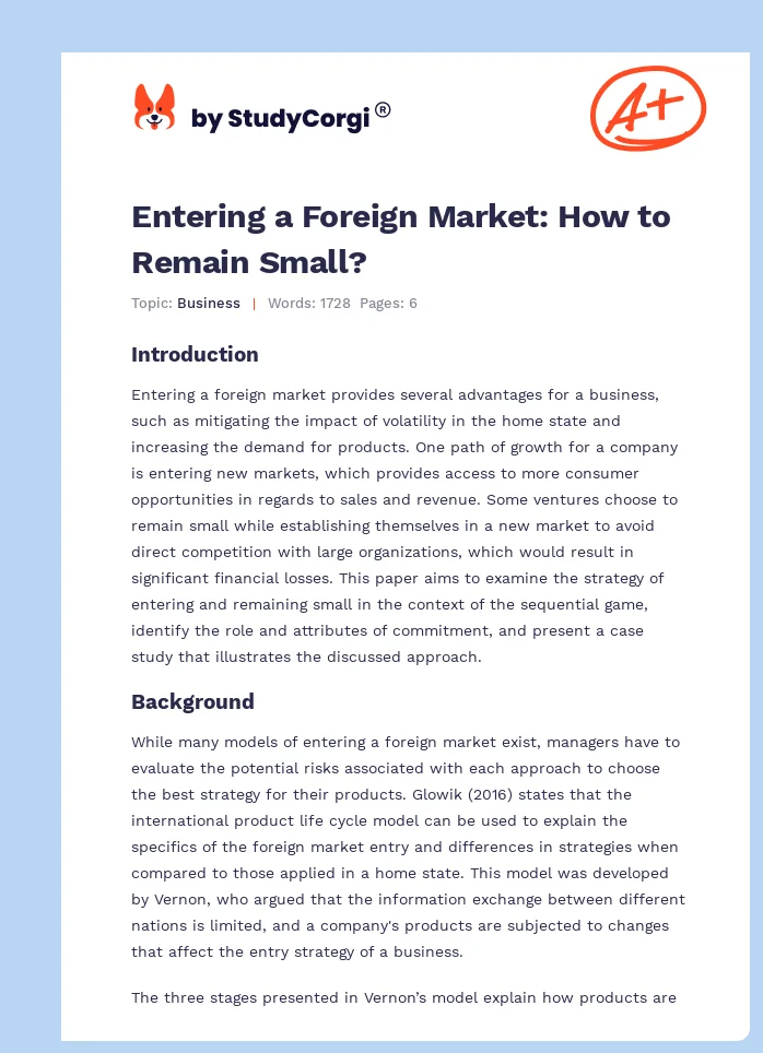 Entering a Foreign Market: How to Remain Small?. Page 1