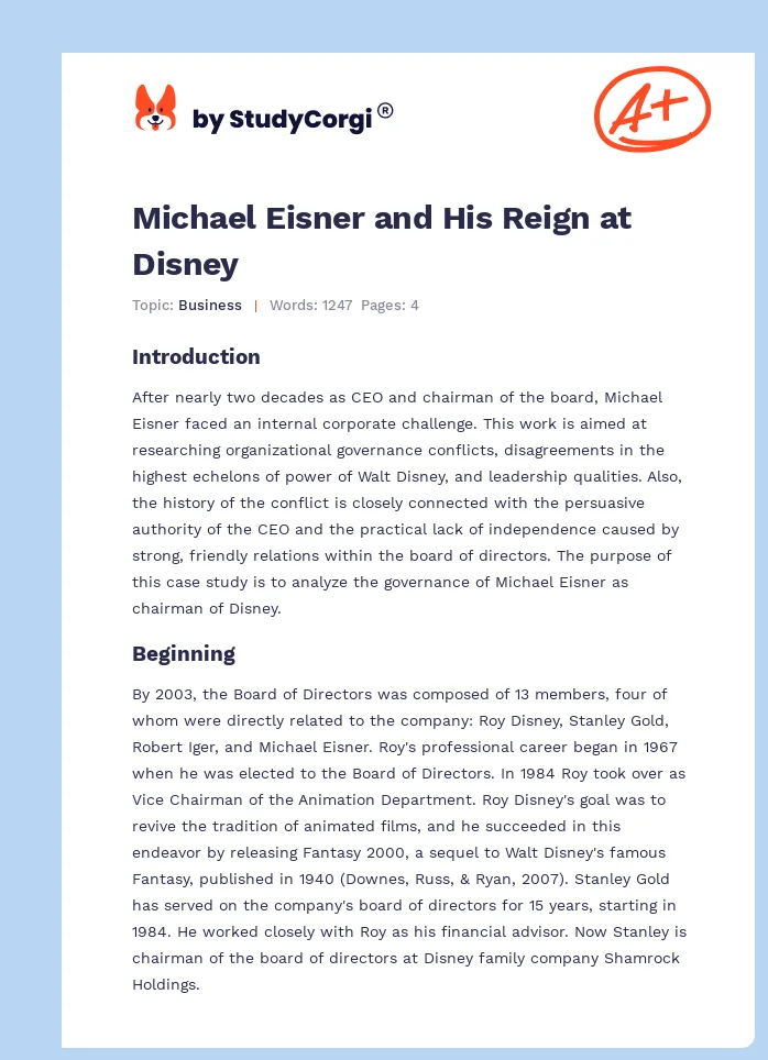 Michael Eisner and His Reign at Disney. Page 1