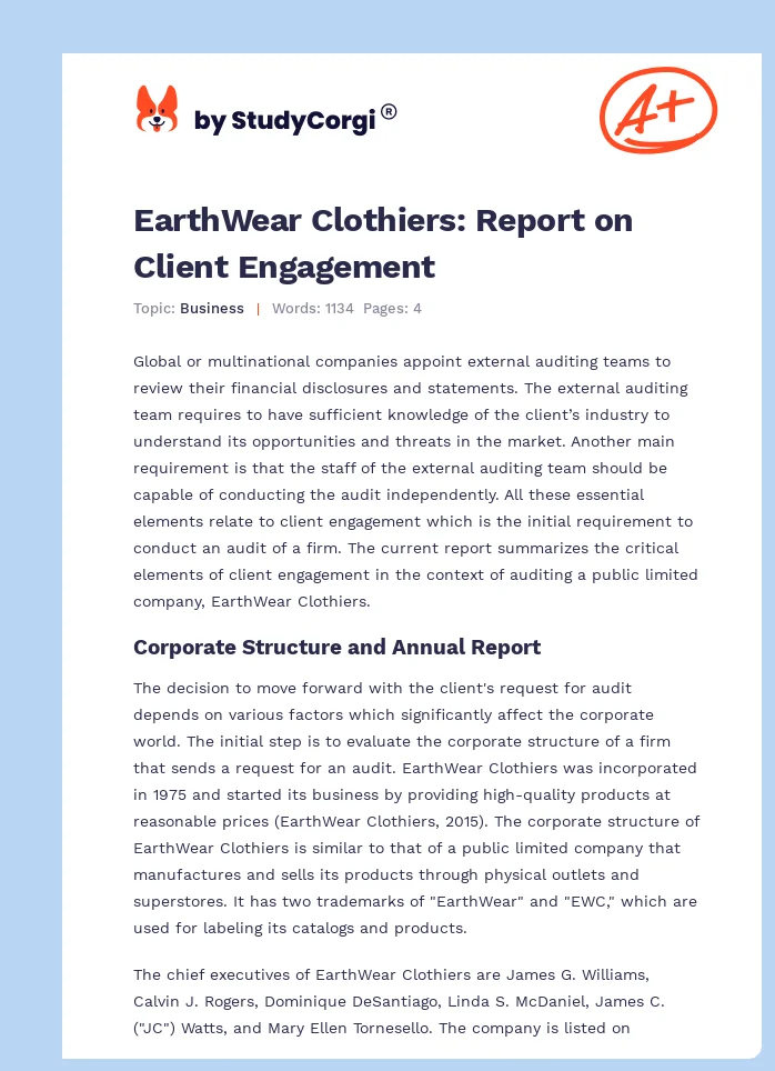 EarthWear Clothiers: Report on Client Engagement. Page 1