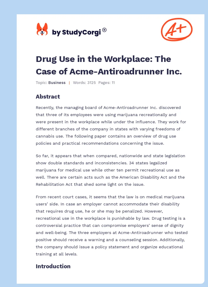 Drug Use in the Workplace: The Case of Acme-Antiroadrunner Inc.. Page 1